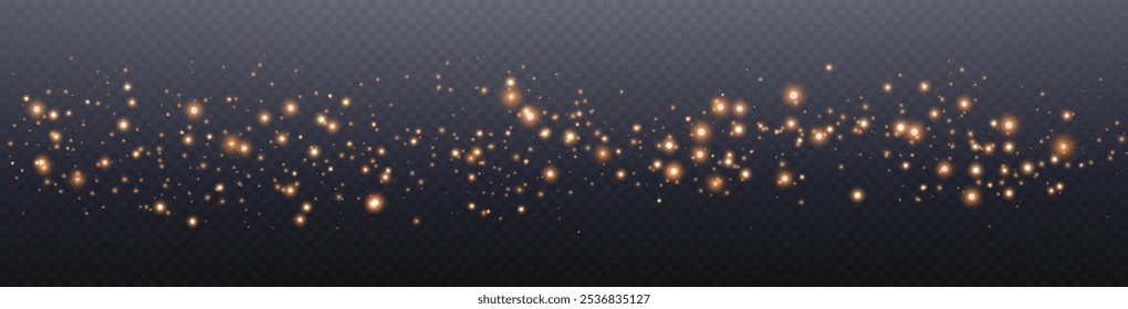 Orange glittering dots, particles, stars magic sparks. Dust cloud flare light effect. Orange luminous points with smoke. Vector particles on transparent background