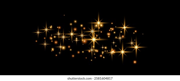 Orange glittering dots, particles, stars magic sparks. Glow flare light effect. Orange luminous points. Vector particles on black background.