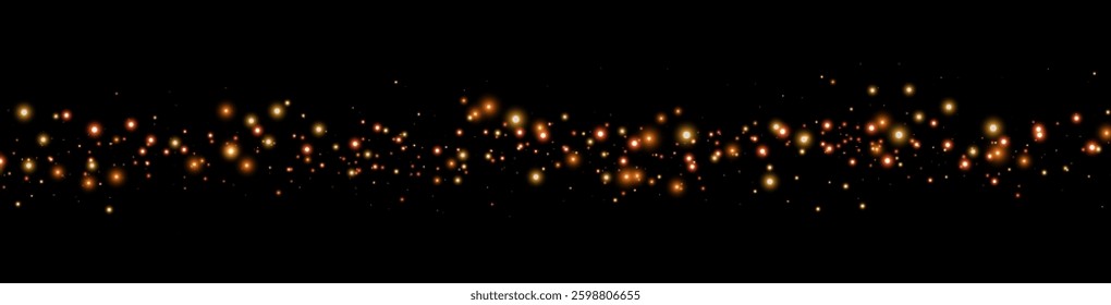 Orange glittering dots, particles, stars magic sparks. Dust cloud flare light effect. Orange luminous points with smoke. Vector particles on black background