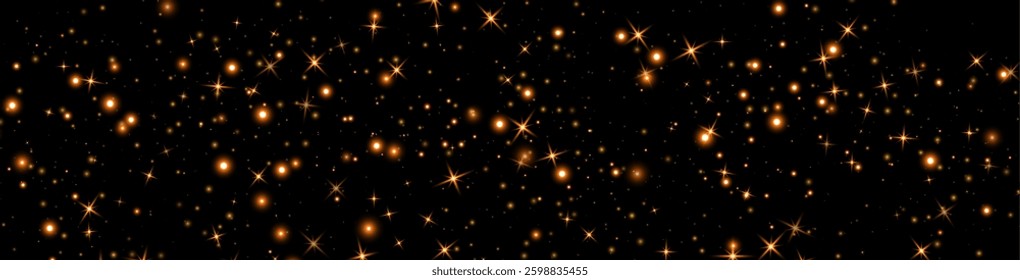 Orange glittering dots, particles, stars magic sparks. Dust cloud flare light effect. Orange luminous points with smoke. Vector particles on black background