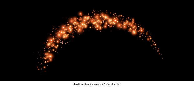 Orange glittering dots, particles, stars magic sparks. Glow flare light effect. Orange luminous points. Vector particles on black background.