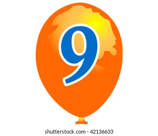 Orange globe balloon with number nine in blue