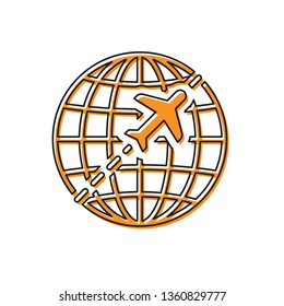 Orange Globe with flying plane icon isolated on white background. Airplane fly around the planet earth. Aircraft world icon. Vector Illustration