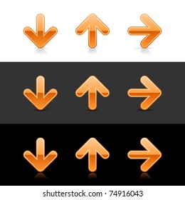 Orange glossy arrow icon web 2.0 buttons with reflection and shadow on white, gray and black