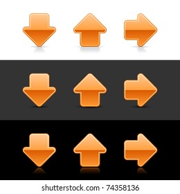 Orange glossy arrow sign web 2.0 buttons with shadow and reflection on white, gray and black