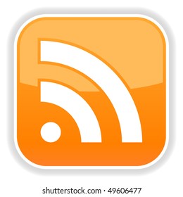 Orange glossy button with rss symbol and shadow on white