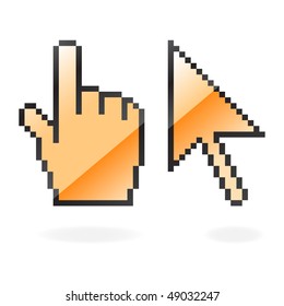 Orange glossy cursor and hand with shadow on white