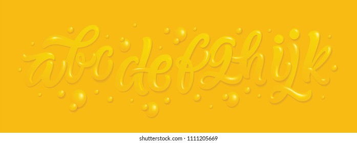 Orange glossy font. Decorative typeface set with letters a, b, c, d, e, f, g, h, i, j, k. 