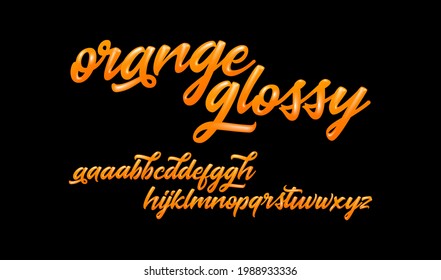 Orange glossy font. English alphabet set made of caramel, orange juice, liquid and glossy. Typography vector illustration.