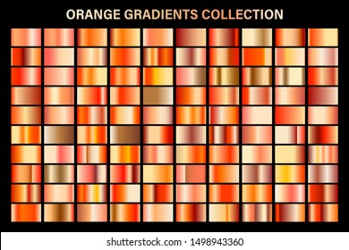 Orange glossy gradient, metal foil texture. Color swatch set. Collection of high quality vector gradients. Shiny metallic background. Design element.