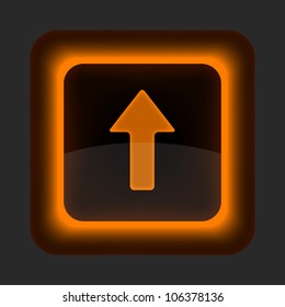 Orange glossy internet button with arrow upload symbol. Rounded square shape icon on gray background. 10 eps