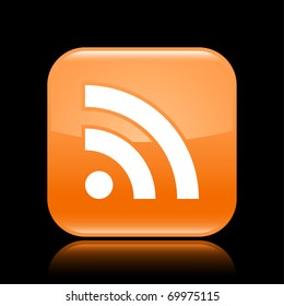 Orange glossy web 2.0 button with RSS sign. Rounded square shape with reflection on black background