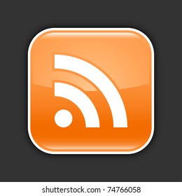 Orange glossy web 2.0 icon with RSS sign. Rounded square button with shadow on gray. 10 eps