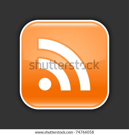 Orange glossy web 2.0 icon with RSS sign. Rounded square button with shadow on gray. 10 eps