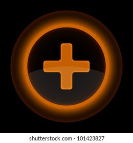Orange glossy web button with addition sign. Shape icon on black background. 10 eps