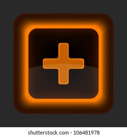 Orange glossy web button with addition sign. Rounded square shape icon on gray background. 10 eps