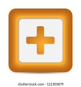 Orange glossy web button with addition sign. Rounded square shape icon on white background. 10 eps