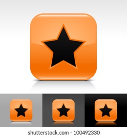 Orange glossy web button with black star sign. Rounded square shape icon with shadow and reflection on white, gray, and black background. Vector 8 eps.