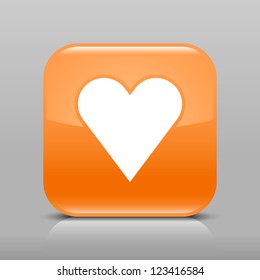 Orange glossy web button with heart sign. Rounded square shape icon with shadow and reflection on light gray background. This vector illustration web design element saved in 8 eps