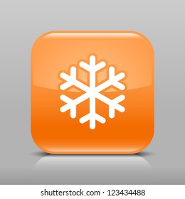 Orange glossy web button with low temperature sign snowflake symbol. Rounded square shape icon with shadow and reflection on light gray background. This vector illustration web design element in 8 eps