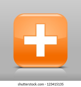 Orange glossy web button with plus sign. Rounded square shape icon with shadow and reflection on light gray background. This vector illustration web design element saved in 8 eps