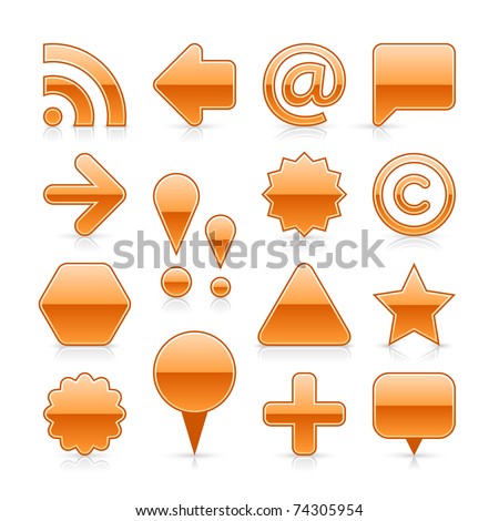 Orange glossy web button set with gray shadow and grey reflection on white background