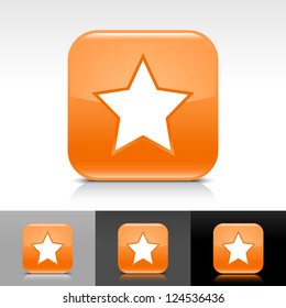 Orange glossy web button with white star sign. Rounded square shape icon with reflection, shadow on white, gray, black backgrounds. Vector illustration web design elements in 8 eps