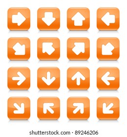 Orange glossy web button with white arrow sign. Rounded square shape internet icon with shadow and reflection on white background. This vector illustration saved in 8 eps