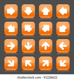 Orange glossy web button with white arrow sign. Rounded square shape internet icon with shadow and reflection on dark gray background. This vector illustration saved in 8 eps