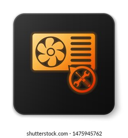 Orange glowing Air conditioner with screwdriver and wrench icon isolated on white background. Adjusting, service, setting, maintenance, repair, fixing. Black square button. Vector Illustration