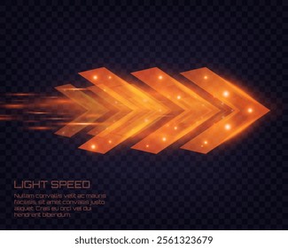 Orange glowing arrows with motion blur effect on transparent background, futuristic design, concept of speed and energy, suitable for digital and sci-fi themes.