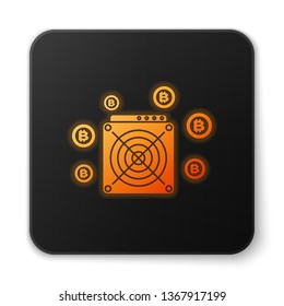 Orange glowing ASIC Miner icon isolated on white background. Cryptocurrency mining equipment and hardware. Application specific integrated circuit. Black square button. Vector Illustration