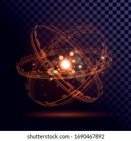 Orange glowing atom on a transparent background, technological futuristic element