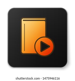 Orange glowing Audio book icon isolated on white background. Play button and book. Audio guide sign. Online learning concept. Black square button. Vector Illustration