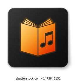 Orange glowing Audio book icon isolated on white background. Musical note with book. Audio guide sign. Online learning concept. Black square button. Vector Illustration