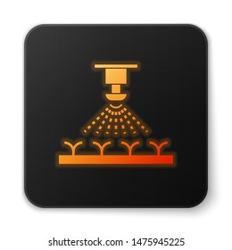 Orange glowing Automatic irrigation sprinklers icon isolated on white background. Watering equipment. Garden element. Spray gun icon. Black square button. Vector Illustration