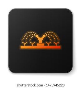 Orange glowing Automatic irrigation sprinklers icon isolated on white background. Watering equipment. Garden element. Spray gun icon. Black square button. Vector Illustration