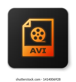 Orange glowing AVI file document icon. Download avi button icon isolated on white background. AVI file symbol. Black square button. Vector Illustration