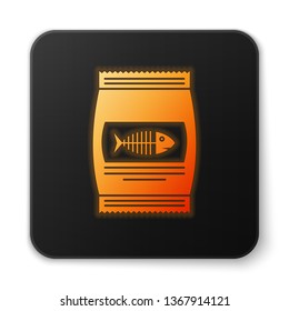 Orange glowing Bag of food for cat icon isolated on white background. Fish skeleton sign. Food for animals. Pet food package. Black square button. Vector Illustration