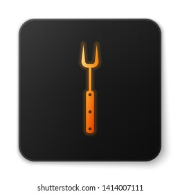 Orange glowing Barbecue fork icon isolated on white background. BBQ fork sign. Barbecue and grill tool. Black square button. Vector Illustration