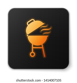 Orange glowing Barbecue grill icon isolated on white background. BBQ grill party. Black square button. Vector Illustration