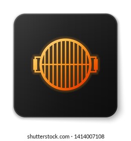 Orange glowing Barbecue grill icon isolated on white background. Top view of BBQ grill. Steel grid. Black square button. Vector Illustration