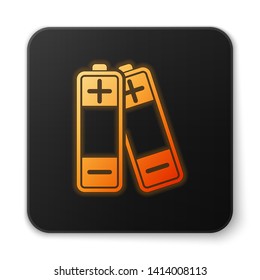 Orange glowing Battery icon isolated on white background. Lightning bolt symbol. Black square button. Vector Illustration
