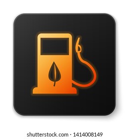 Orange glowing Bio fuel concept with fueling nozzle and leaf icon isolated on white background. Gas station with leaves. Eco refueling. Black square button. Vector Illustration