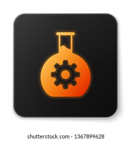Orange glowing Bioengineering icon isolated on white background. Element of genetics and bioengineering icon. Biology, molecule, chemical icon. Black square button. Vector Illustration