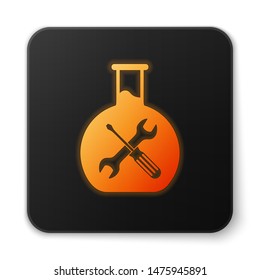 Orange glowing Bioengineering with screwdriver and wrench icon isolated on white background. Adjusting, service, setting, maintenance, repair, fixing. Black square button. Vector Illustration