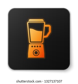 Orange glowing Blender icon isolated on white background. Kitchen electric stationary blender with bowl. Cooking smoothies, cocktail or juice. Black square button. Vector Illustration