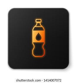 Orange glowing Bottle of water icon isolated on white background. Soda aqua drink sign. Black square button. Vector Illustration