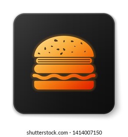 Orange glowing Burger icon isolated on white background. Hamburger icon. Cheeseburger sandwich sign. Black square button. Vector Illustration
