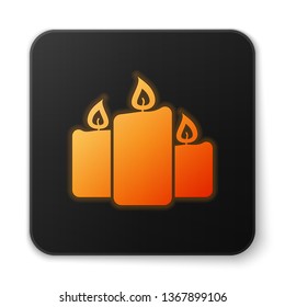 Orange glowing Burning candles icon isolated on white background. Old fashioned lit candles. Cylindrical aromatic candle sticks with burning flames. Black square button. Vector Illustration